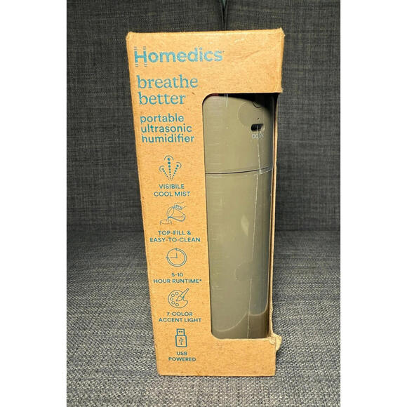 HoMedics Portable Ultrasonic Humidifier  Travel & Personal Cool Mist USB Gray - Picture 1 of 6